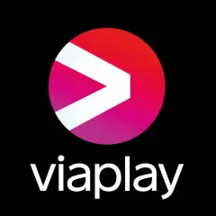 Logo Viaplay: biały symbol ">" na tle okręgu przechodzącego z czerwonego w różowy, poniżej biały napis "viaplay".