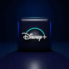 Ciemny sześcian z logo Disney+ w neonowym blasku. Idealny do wyboru **Disney Plus pakiety** dla całej rodziny.