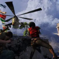 Nathan Drake i Elena Fisher w akcji podczas pościgu helikopterem w Uncharted 2.