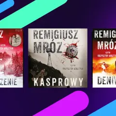 Trzy okładki książek Remigiusza Mróza: "Przewieszenie", "Kasprowy" i "Deniwelacja". W pierwszej kolejności "Przewieszenie" w zimowej scenerii.