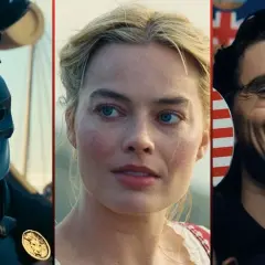Trzy kadry z nadchodzących **premiery kinowe**: wojownik w hełmie, Margot Robbie i uśmiechnięty mężczyzna.