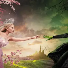 Królowa w różowej sukni i zielona wiedźma z "Wicked 2" wyciągają do siebie ręce na tle baśniowego krajobrazu.