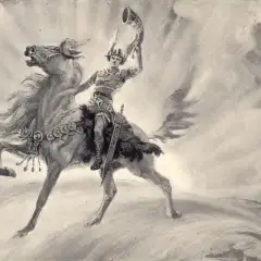 Heimdall na koniu, z hełmem i mieczem, dmie w róg, zapowiadając Ragnarök.