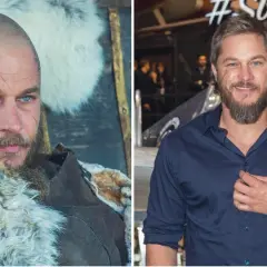 Travis Fimmel, znany z roli Ragnara Lothbroka w serialu "Wikingowie", w dwóch odsłonach: jako wojownik i na evencie.