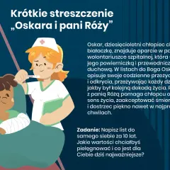 Oskar i pani Róża: streszczenie. Chory chłopiec Oskar znajduje wsparcie u wolontariuszki Róży, która pomaga mu odnaleźć sens życia.