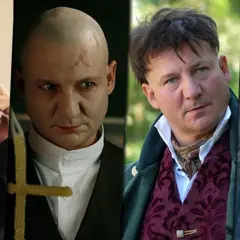 Cztery różne role Roberta Więckiewicza w filmach i serialach: rozmowa przez telefon, z krzyżem, w stroju historycznym i z wąsami.