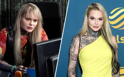 Millerowie obsada: blondynka z tatuażami przy komputerze i w żółtej sukience.