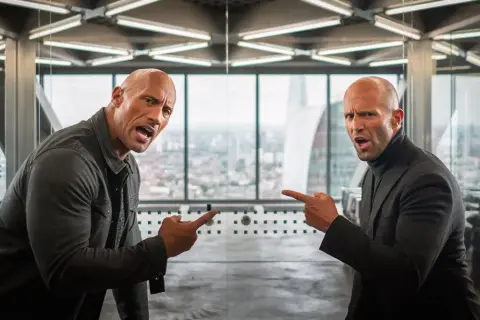 Dwayne Johnson i Jason Statham, czyli szybcy i wściekli: hobbs i shaw obsada, wskazują na siebie z groźną miną w biurowcu.