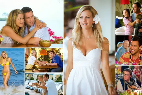 Obsada "Żona na niby" w komediowych scenach. Jennifer Aniston i Adam Sandler w różnych ujęciach, w tym na plaży i przy stole.