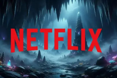 Mroczna, fantastyczna jaskinia z kryształami i mgłą. Czerwony napis NETFLIX sugeruje, że to dobry film na wieczór Netflix.