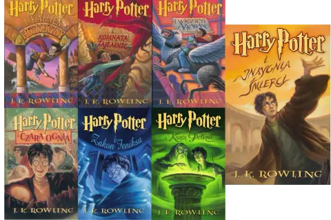 Kolekcja książek Harry Potter: Kamień Filozoficzny, Komnata Tajemnic, Więzień Azkabanu, Czara Ognia, Zakon Feniksa, Książę Półkrwi i Insygnia Śmierci.
