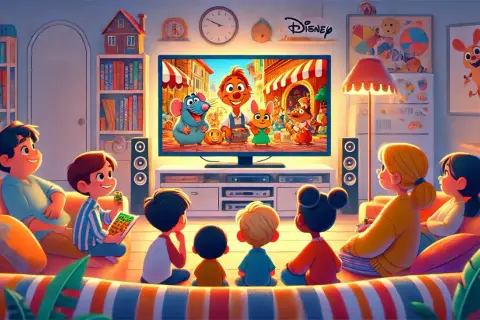 Dzieci oglądają bajkę z postaciami z kreskówki Disney.