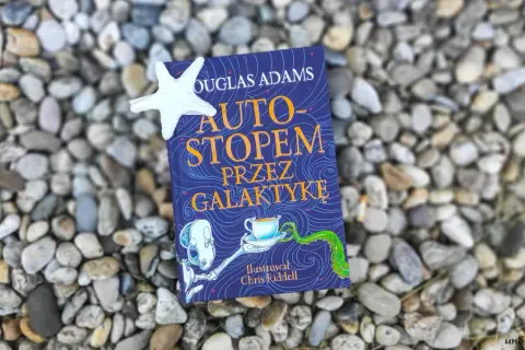 Okładka książki "Autostopem przez galaktykę" Douglasa Adamsa, z ilustracją Chrisa Riddella, leży na kamieniach.