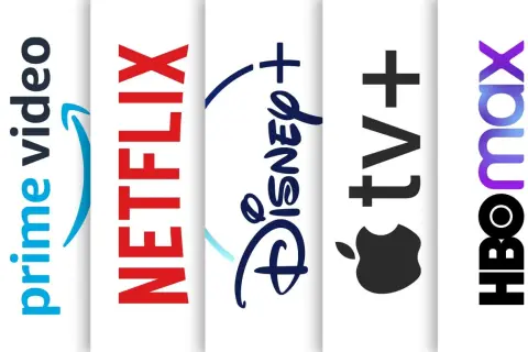 Loga serwisów streamingowych: Prime Video, Netflix, Disney+, Apple TV+ i HBO Max.