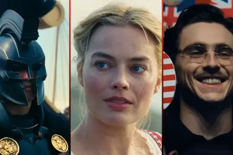 Zwiastun zapowiada filmy 2026: wojownik w hełmie, Margot Robbie i uśmiechnięty mężczyzna z wąsami.