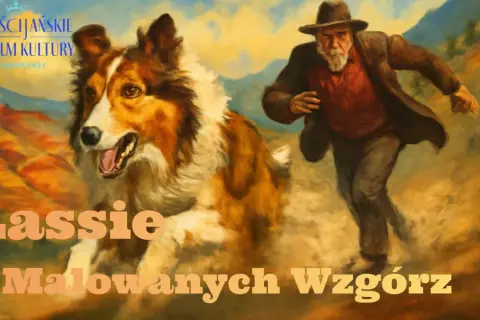 Lassie, wierny pies, biegnie obok mężczyzny w kapeluszu. Tytuł "Lassie z Malowanych Wzgórz" sugeruje przygodę.