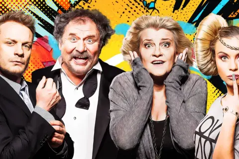 Świat według Kiepskich obsada: Ferdynand, Halina, Boczek i Mariolka w kolorowym, komiksowym stylu.