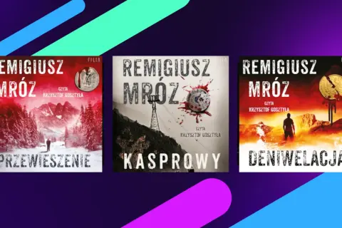 Trzy okładki książek Remigiusza Mróza: "Przewieszenie", "Kasprowy" i "Deniwelacja". W pierwszej kolejności "Przewieszenie" w zimowej scenerii.