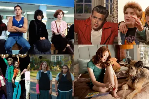 Kolaż scen z filmów dla nastolatków: "The Breakfast Club", "Buntownik bez powodu", "Goonies", "High School Musical", "Lady Bird", "Easy A".