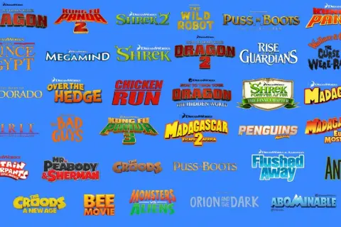 Kolekcja logotypów filmów studia DreamWorks: Kung Fu Panda, Shrek, Jak wytresować smoka, Madagascar, Antz, Puss in Boots i wiele innych.