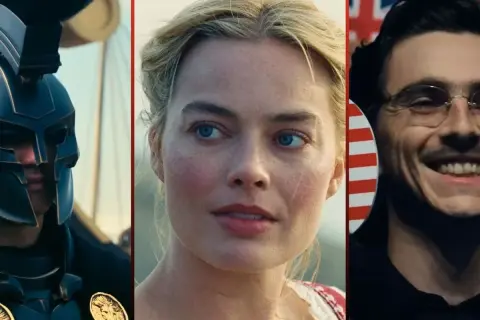 Trzy kadry z nadchodzących **premiery kinowe**: wojownik w hełmie, Margot Robbie i uśmiechnięty mężczyzna.