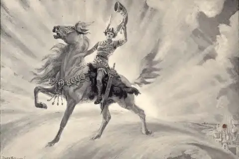 Heimdall na koniu, z hełmem i mieczem, dmie w róg, zapowiadając Ragnarök.