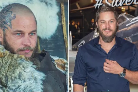 Travis Fimmel, znany z roli Ragnara Lothbroka w serialu "Wikingowie", w dwóch odsłonach: jako wojownik i na evencie.