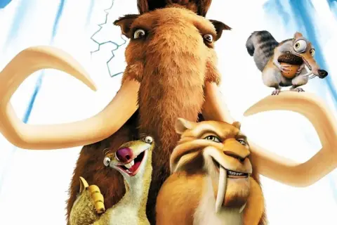 Uśmiechnięte epoka lodowcowa postacie: mamut Manny, tygrys szablozębny Diego, leniwiec Sid i wiewiór Scrat z żołędziem.