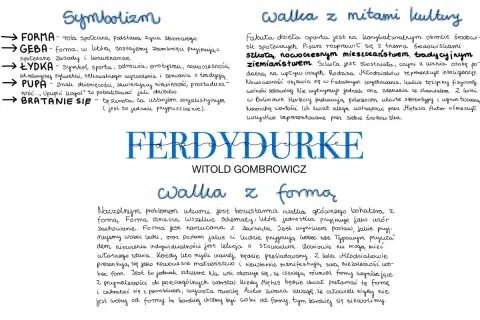 Symbolizm i walka z formą w "Ferdydurke" Gombrowicza. Postacie, jak Geba, Łydka, Pupę, symbolizują różne aspekty życia i społeczeństwa.
