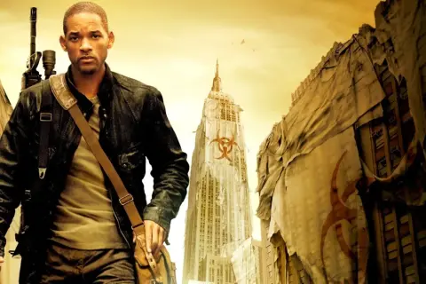 Will Smith w postapokaliptycznym świecie, przygotowany do walki. To kadr z jednego z jego filmów.