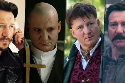 Cztery różne role Roberta Więckiewicza w filmach i serialach: rozmowa przez telefon, z krzyżem, w stroju historycznym i z wąsami.