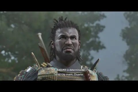 Yasuke, zdeterminowany samuraj, w zbroi, gotów do walki. "Teraz cię mam, Duarte.