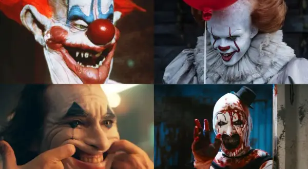Cztery przerażające postacie z horrorów: klaun z zębami, Pennywise z balonikiem, Joker i Art the Clown.