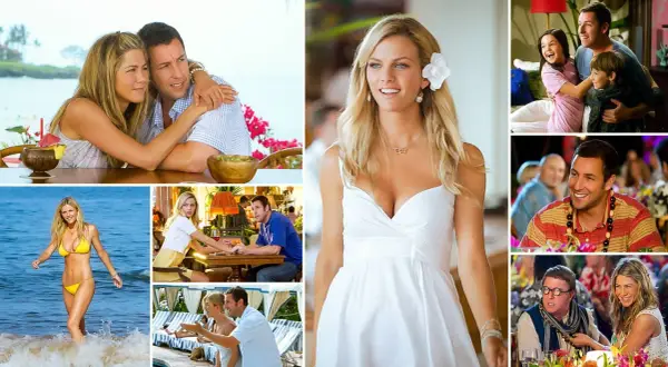 Obsada "Żona na niby" w komediowych scenach. Jennifer Aniston i Adam Sandler w różnych ujęciach, w tym na plaży i przy stole.