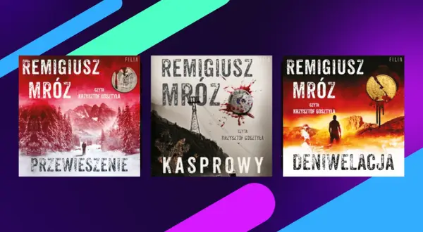 Trzy okładki książek Remigiusza Mróza: "Przewieszenie", "Kasprowy" i "Deniwelacja". W pierwszej kolejności "Przewieszenie" w zimowej scenerii.