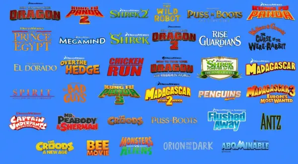 Kolekcja logotypów filmów studia DreamWorks: Kung Fu Panda, Shrek, Jak wytresować smoka, Madagascar, Antz, Puss in Boots i wiele innych.