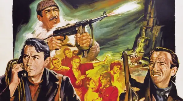 Działa navarony obsada w akcji! Gregory Peck na telefonie, mężczyzna strzela z karabinu maszynowego, a w tle widać statek i klif.