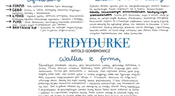 Symbolizm i walka z formą w "Ferdydurke" Gombrowicza. Postacie, jak Geba, Łydka, Pupę, symbolizują różne aspekty życia i społeczeństwa.