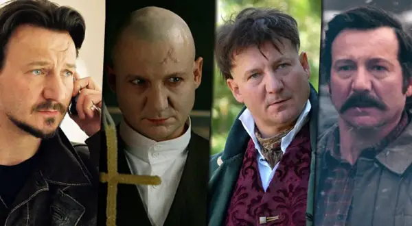 Cztery różne role Roberta Więckiewicza w filmach i serialach: rozmowa przez telefon, z krzyżem, w stroju historycznym i z wąsami.