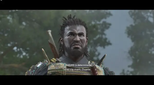 Yasuke, zdeterminowany samuraj, w zbroi, gotów do walki. "Teraz cię mam, Duarte.