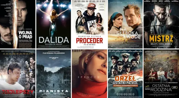 Kolaż plakatów filmowych, w tym filmy na faktach: "Wojna o prąd", "Dalida", "Proceder", "Na głęboką wodę", "Mistrz", "Najlepszy", "Pianista", "Spencer", "Orzeł. Ostatni patrol", "Ostatnia rodzina".