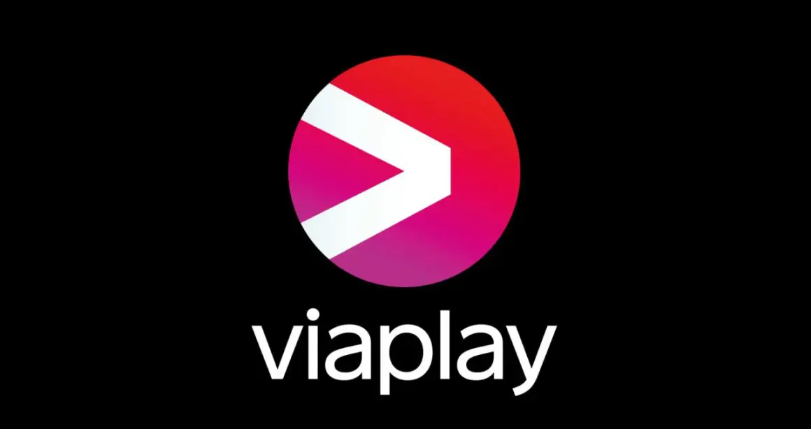 Logo Viaplay: biały symbol ">" na tle okręgu przechodzącego z czerwonego w różowy, poniżej biały napis "viaplay".