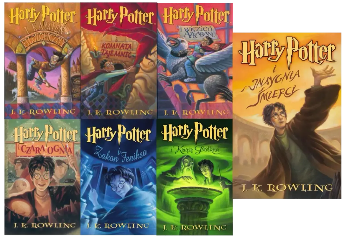 Kolekcja książek Harry Potter: Kamień Filozoficzny, Komnata Tajemnic, Więzień Azkabanu, Czara Ognia, Zakon Feniksa, Książę Półkrwi i Insygnia Śmierci.