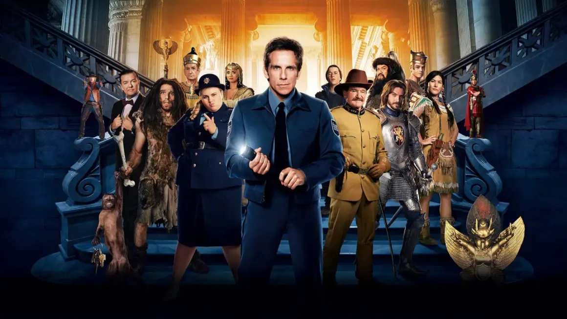 Noc w muzeum obsada: Ben Stiller jako strażnik, Robin Williams, Ricky Gervais i inni bohaterowie w historycznych strojach.