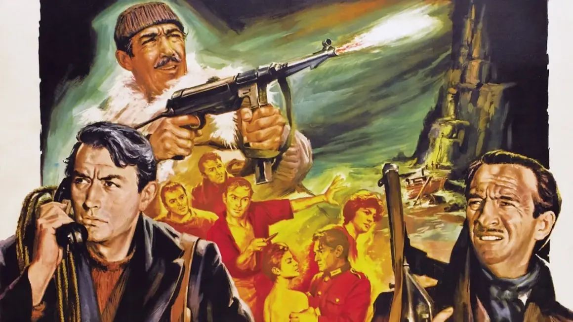 Działa navarony obsada w akcji! Gregory Peck na telefonie, mężczyzna strzela z karabinu maszynowego, a w tle widać statek i klif.