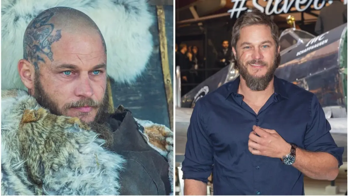 Travis Fimmel, znany z roli Ragnara Lothbroka w serialu "Wikingowie", w dwóch odsłonach: jako wojownik i na evencie.
