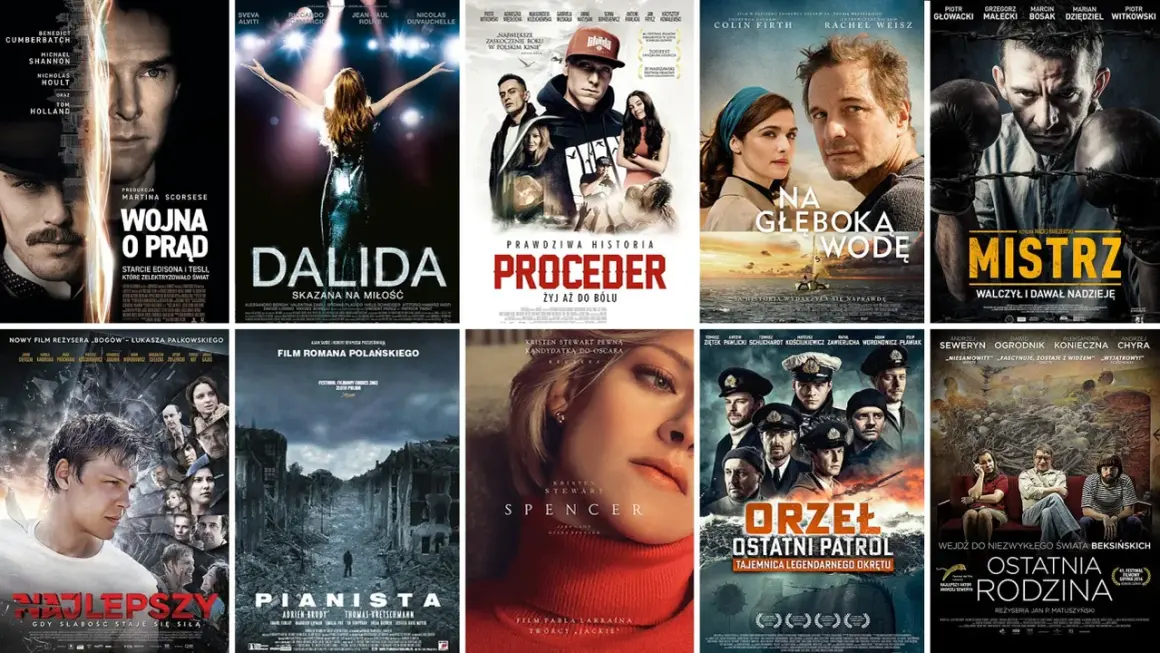 Kolaż plakatów filmowych, w tym filmy na faktach: "Wojna o prąd", "Dalida", "Proceder", "Na głęboką wodę", "Mistrz", "Najlepszy", "Pianista", "Spencer", "Orzeł. Ostatni patrol", "Ostatnia rodzina".
