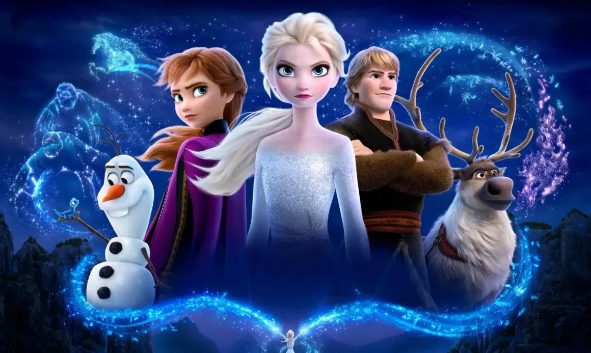 Elsa, Anna, Kristoff, Sven i Olaf w magicznej krainie lodu 3. Błękitne iskry otaczają bohaterów, zapowiadając przygodę.