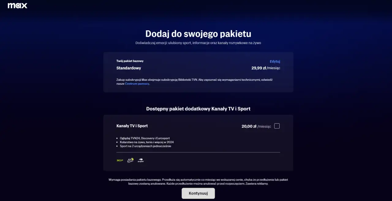Wybierz swoje pakiety HBO Max: Standardowy za 29,99 zł/miesiąc lub dodaj Kanały TV i Sport za 20 zł/miesiąc.