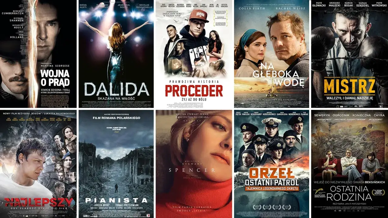 Kolaż plakatów filmowych, w tym filmy na faktach: 